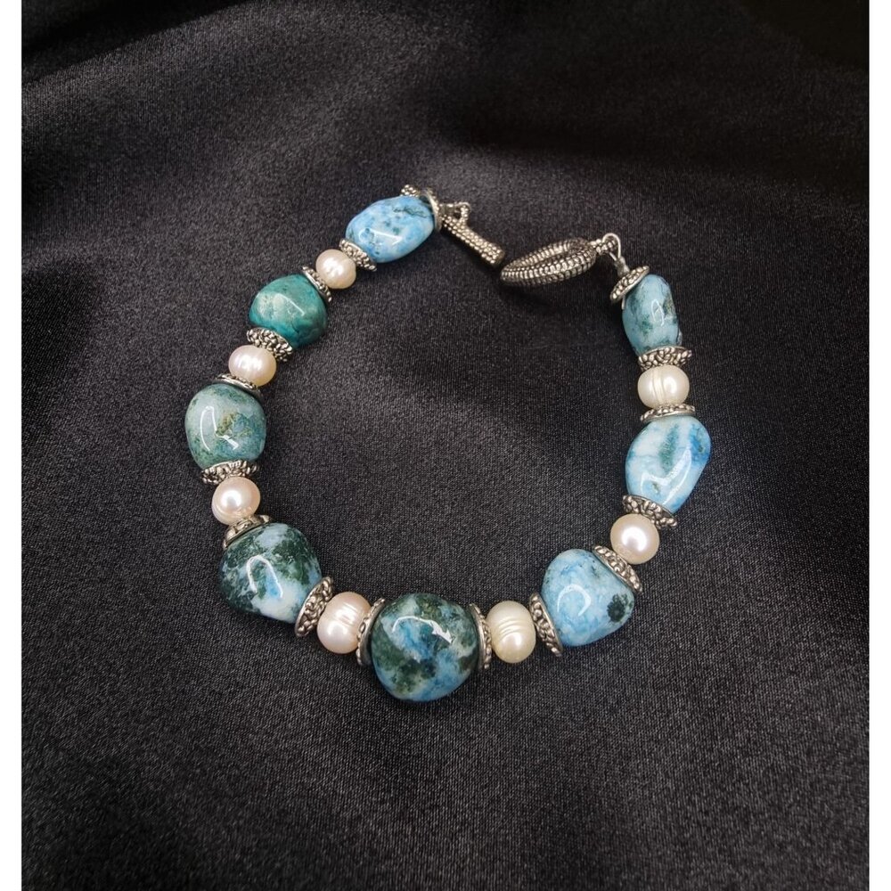 Handcrafted Blue Jasper & Pearl Beaded Bracelet With Heart Toggle Clasp